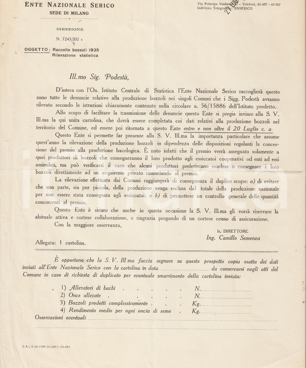 1935 MILANO Ente Nazionale SERICO Rilevazione statistica raccolto bozzoli