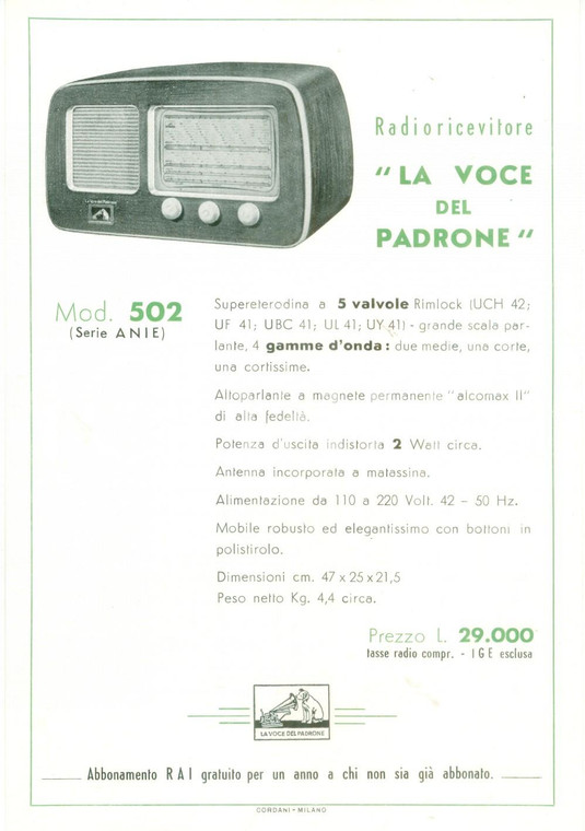 1950 ca MILANO Radioricevitore La Voce del Padrone *Volantino ILLUSTRATO