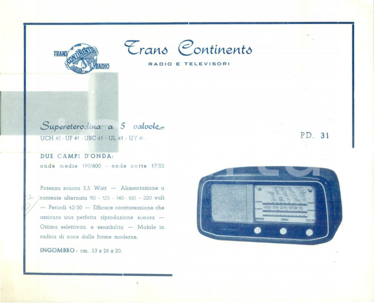 1950 ca TRANS CONTINENTS Radio televisori *Volantino pubblicitario ILLUSTRATO