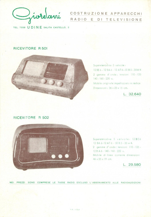 1950 ca UDINE Costruzione apparecchi radio televisione GIORDANI *Volantino