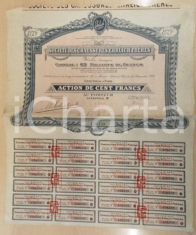 1928 PARIS Société des Chaussures EHRLICH Frères *Action 100 Francs