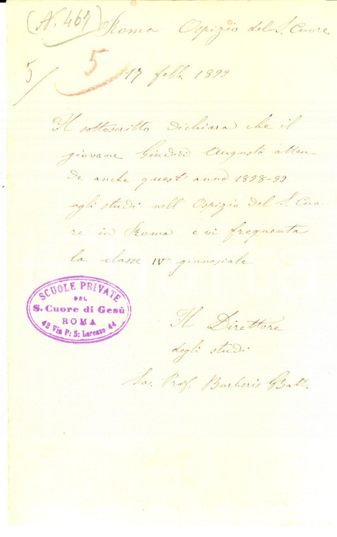 1899 ROMA Ospizio S. CUORE DI GESU' Attestato di frequenza di Augusto GIUDICI