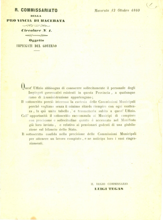 1860 MACERATA Obbligo di comunicazione impiegati del Governo *Documento