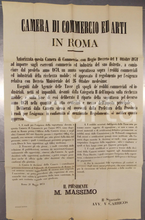 1872 ROMA CAMERA DI COMMERCIO ED ARTI Nuova imposizione sui redditi *Manifesto