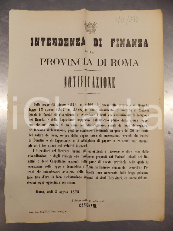 1873 ROMA Nota ai patroni laicali per benefici ecclesiastici soppressi Manifesto