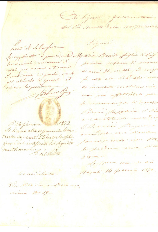 1872 NAPOLI Supplica di Maria BONITO orfana e nubile per ottenere una dote
