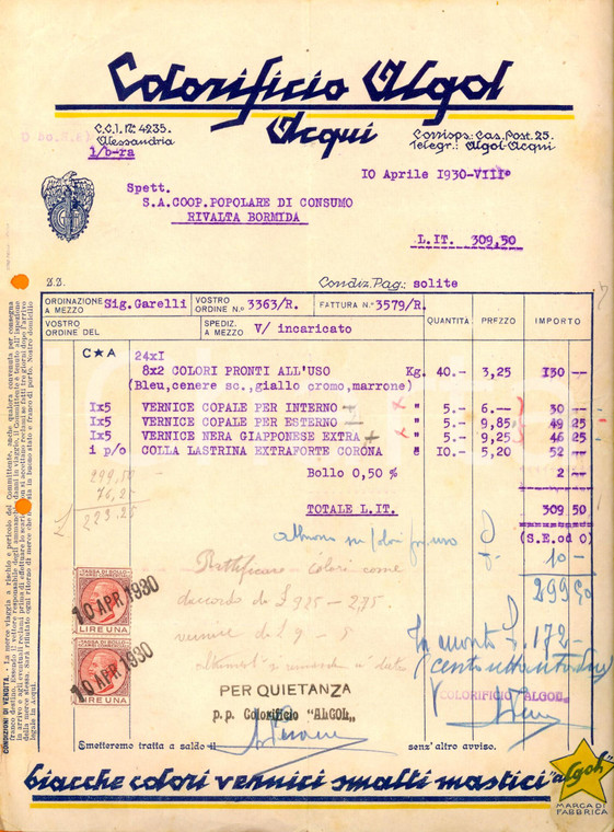 1930 ACQUI TERME (AL) Colorificio ALGOL *Fattura su carta intestata