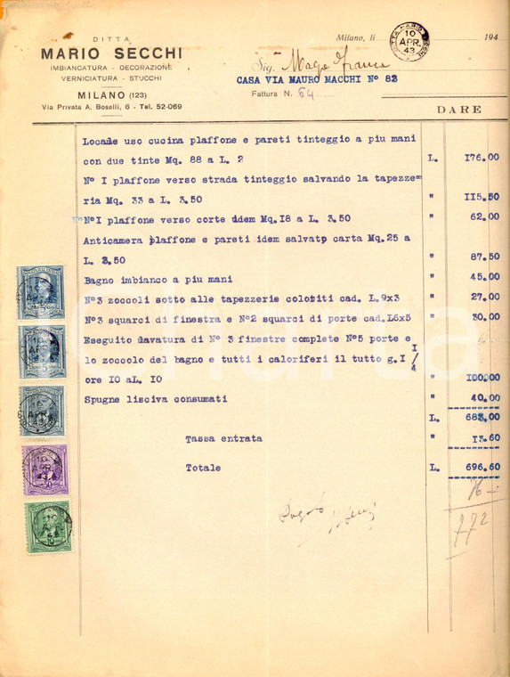 1943 MILANO Ditta Mario SECCHI - Imbiancatura e stucchi *Fattura con bolli