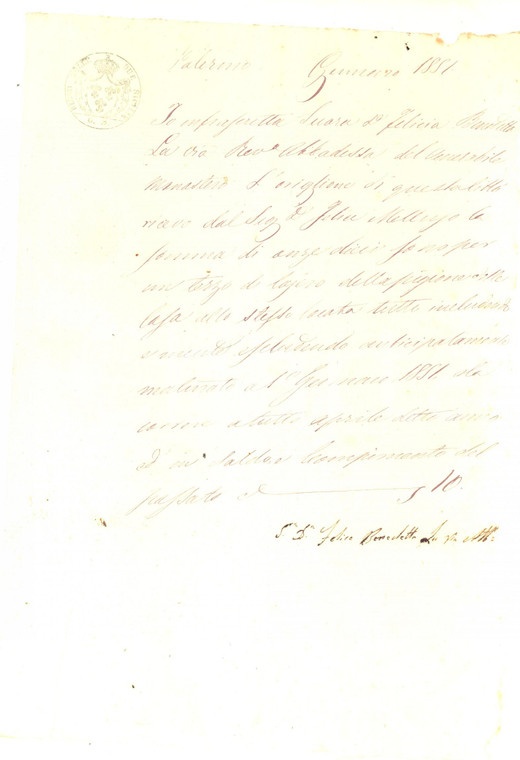 1851 PALERMO Ricevuta monache SAN GIOVANNI DELL'ORIGLIONE afitto Felice MELLUSO