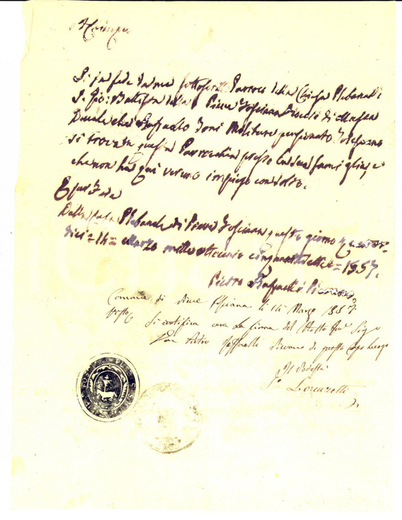 1857 PIEVE FOSCIANA (LU) Certificato esistenza in vita Raffaello BONI molitore