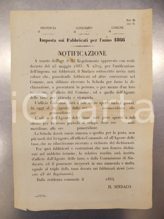 1865 REGNO D'ITALIA Notificazione per imposta fabbricati 1866 *Manifesto 30x42