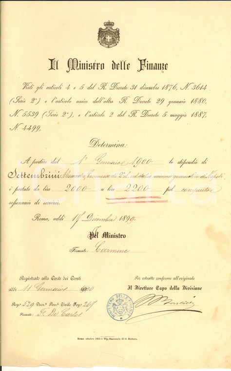 1899 ROMA Decreto pro commesso Alessandro SETTEMBRINI - aumento stipendio