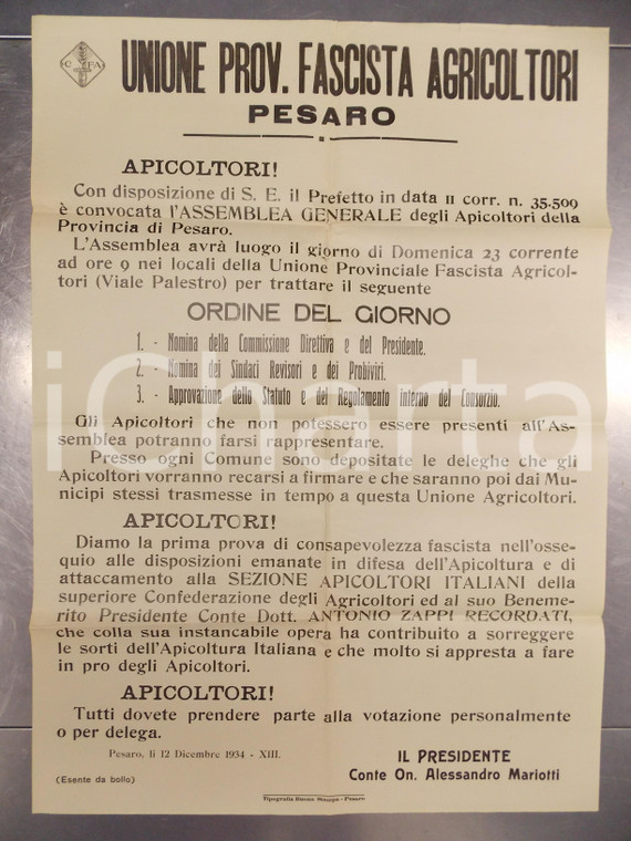 1934 PESARO Unione Fascista - Assemblea degli apicoltori *Manifesto 50x70 cm