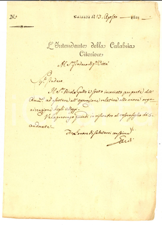 1811 CALABRIA CITERIORE COSENZA Incarico a Nicola GULLO organizzazione alloggi