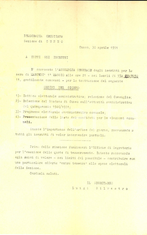 1951 DEMOCRAZIA CRISTIANA CUNEO Assemblea generale per tattica elettorale