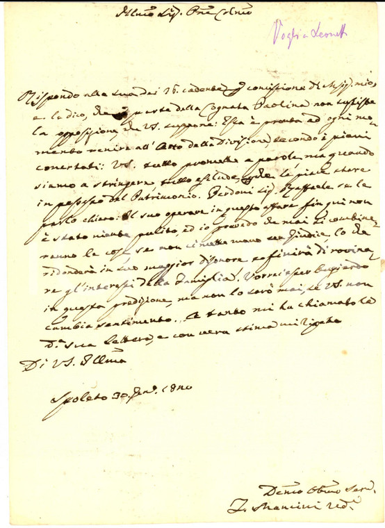 1820 SPOLETO (PG) Lettera MANCINI a Raffaele LEONETTI per i modi poco limpidi