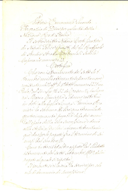 1874 NAPOLI Dote Maria Giuseppa ADAMO per la figlia Amina RANIERI *Manoscritto