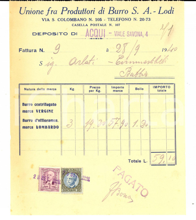 1940 ACQUI TERME Unione fra Produttori di Burro S. A. LODI *Fattura intestata