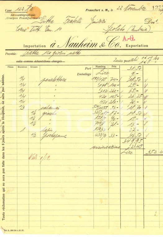 1929 FRANCOFORTE Ditta NAUHEIM & Co. Esportazioni *Fattura su carta intestata