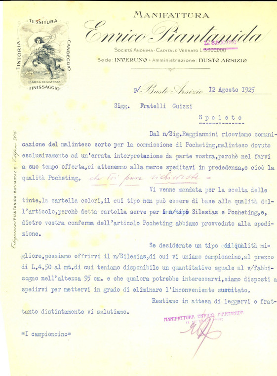 1925 BUSTO ARSIZIO Manifattura Enrico PIANTANIDA *Lettera per ordine POCHETING