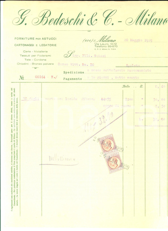 1929 MILANO Ditta G. BEDESCHI Forniture per astucci *Fattura intestata