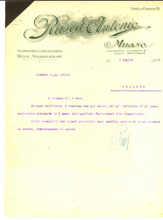 1919 MILANO Ditta Antonio RUSCA Inchiostri e stilografiche *Lettera commerciale