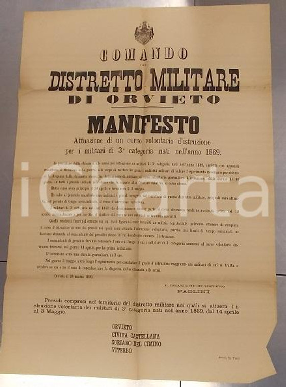 1890 ORVIETO (TR) Attuazione corso volontario istruzione per militari *Manifesto