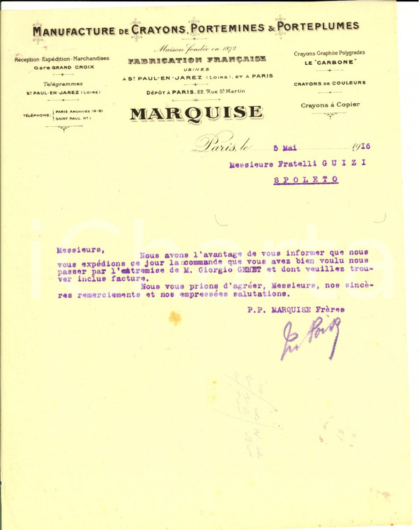 1916 PARIS MARQUISE Manifacture de crayons et porteplumes *Lettera commerciale