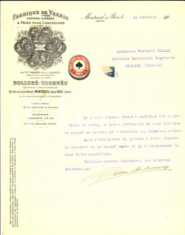 1914 MONTREUIL-SUR-BOIS Ditta BOLLORE' - SOEHNEE Vernici *Lettera commerciale