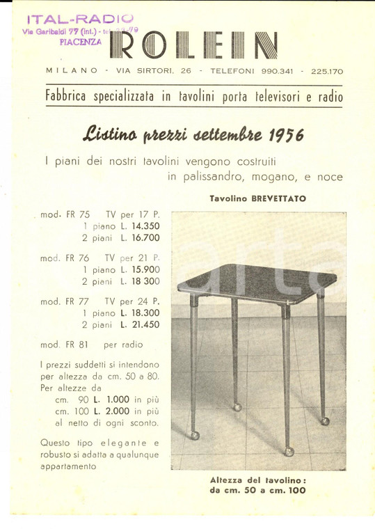 1956 MILANO Ditta ROLEIN Tavolini porta televisori e radio *Listino prezzi 