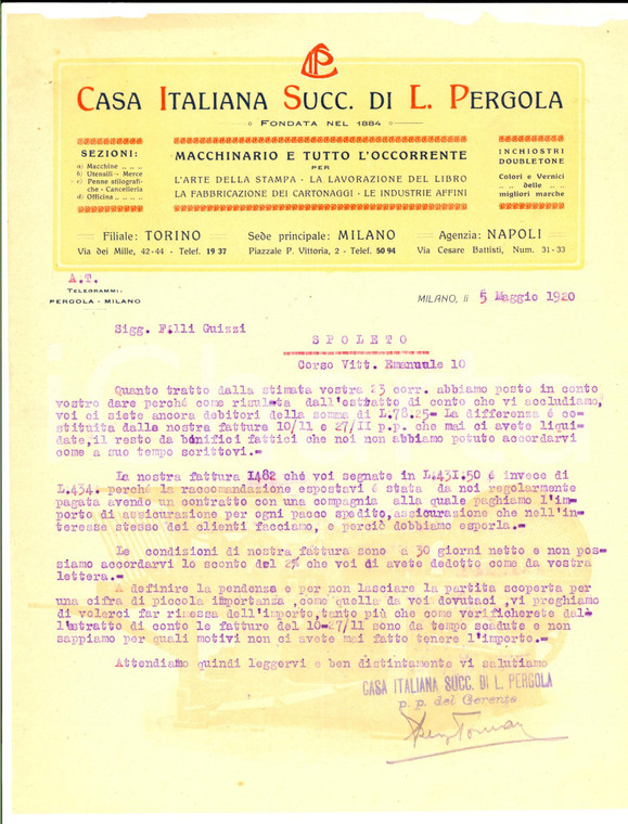 1920 MILANO Casa Italiana Successori L. PERGOLA Arte della stampa *Lettera