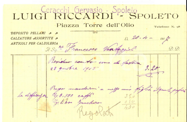 1917 SPOLETO (PG) Luigi RICCARDI deposito pellami e calzature *Fattura intestata