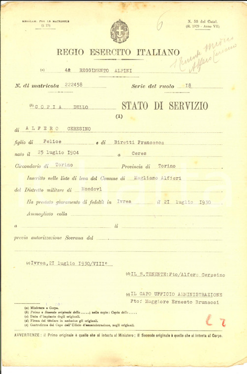1930  REGIO ESERCITO IVREA Stato di servizio di Ceresino ALFERO