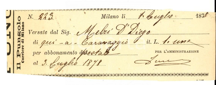 1878 MILANO IL PUNGOLO Abbonamento conte Diego MELZI *Ricevuta