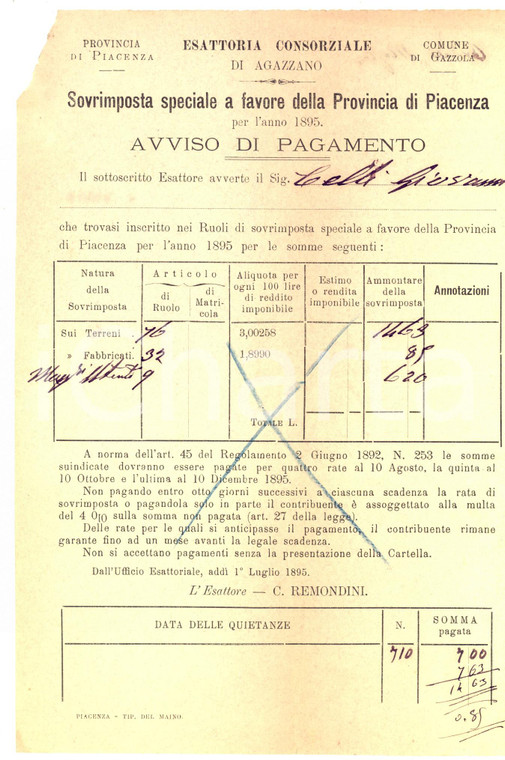 1895 AGAZZANO (PC) Esattoria Consorziale - Avviso a  Giovanni CELLI