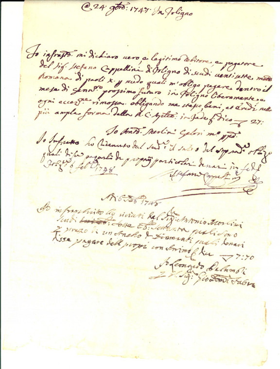 1798 FOLIGNO Cambiale di Antonio MORLINI GELOSI pro Stefano CAPPELLINI 