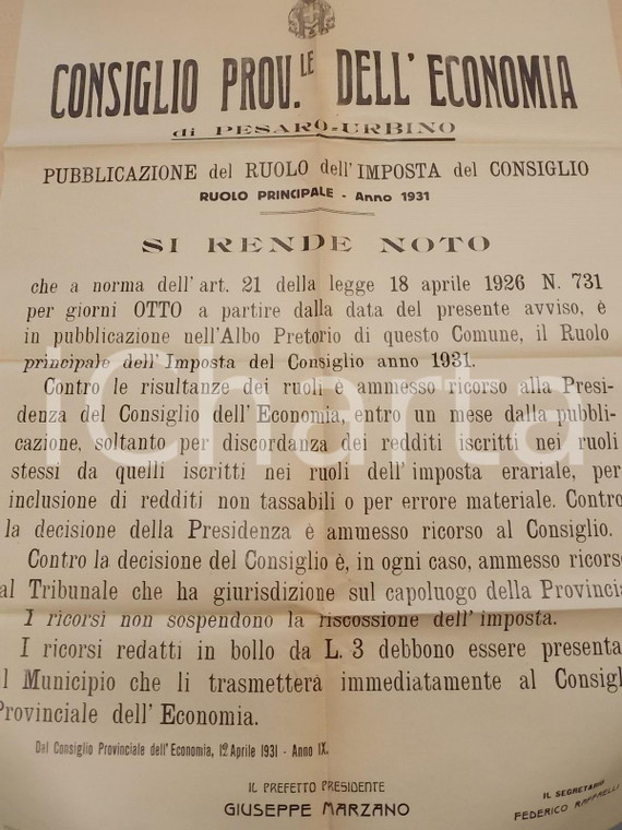 1931 PESARO Pubblicazione ruolo principale d'imposta *Manifesto 50 x 70 cm