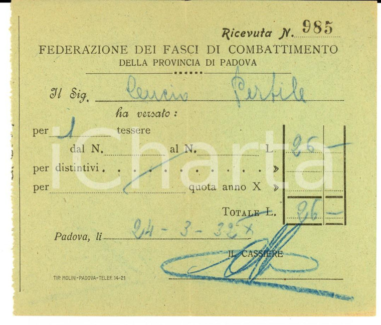 1932 PNF FASCIO DI PADOVA Ricevuta per tessera Leucio PERTILE