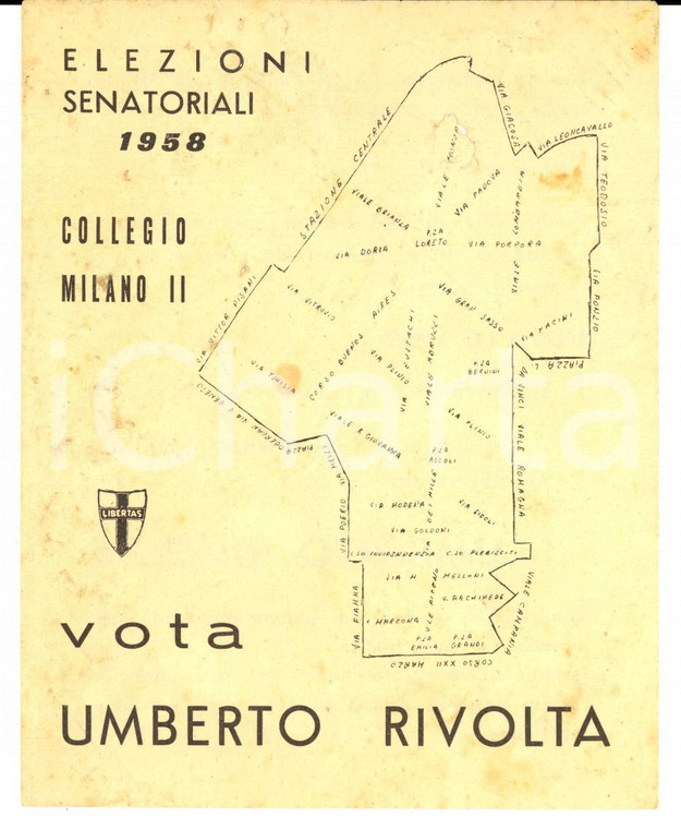 1958 MILANO Elezioni Senatoriali - PROPAGANDA DC Vota Umberto RIVOLTA *Volantino