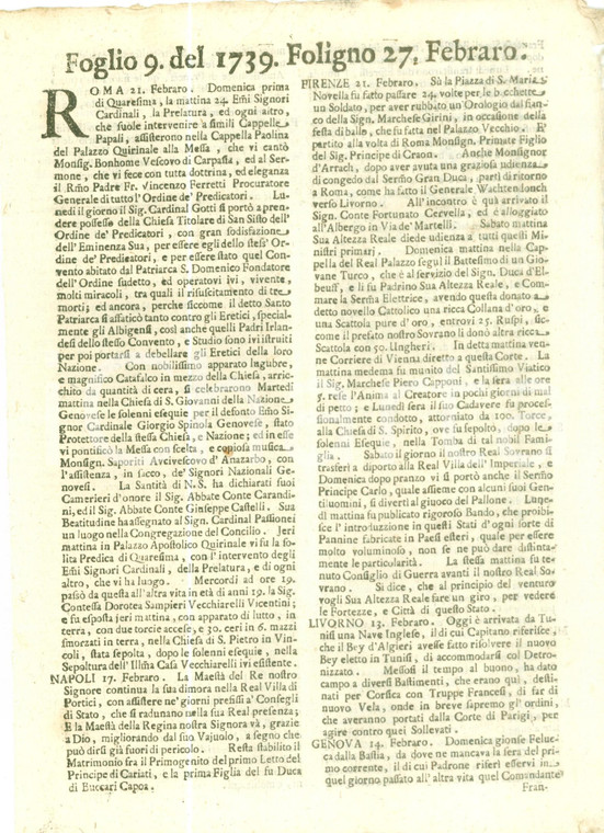 1739 GIORNALE DI FOLIGNO n 9 Card. GOTTI prende possesso di San Domenico a  ROMA