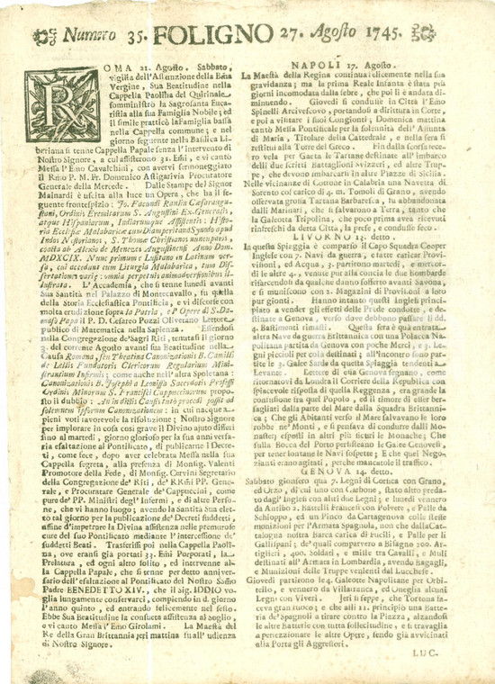 1745 GIORNALE DI FOLIGNO n. 35 Notizie dal Quartier Generale Austriaco-Sardo