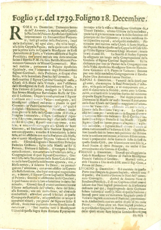 1739 GIORNALE DI FOLIGNO n. 51 Galà a NAPOLI per compleanno Principessa ASTURIE