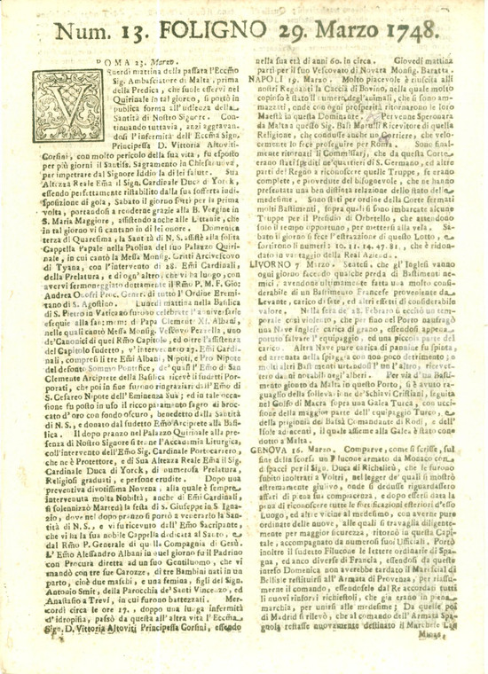 1748 GIORNALE DI FOLIGNO n. 13 Inglesi fanno preda di bastimeni a LIVORNO