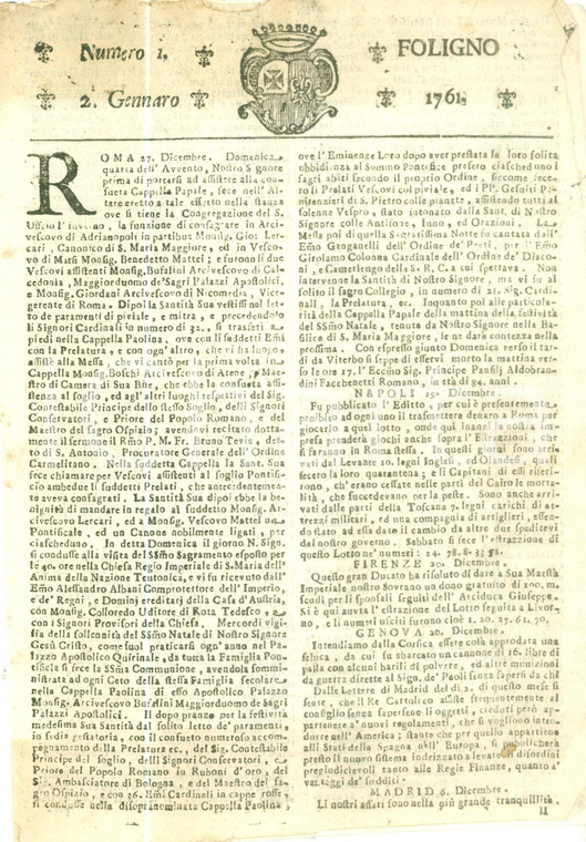 1761 GIORNALE DI FOLIGNO n. 1 Giovanni LERCARI consacrato vescovo di ADRIANOPOLI