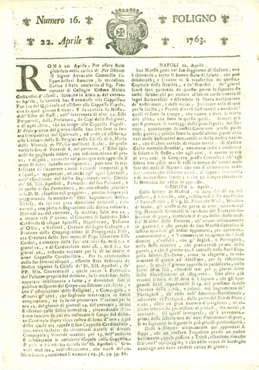 1763 GIORNALE DI FOLIGNO n. 16 Ferdinando e Massimiliano ASBURGO nuovi arciduchi