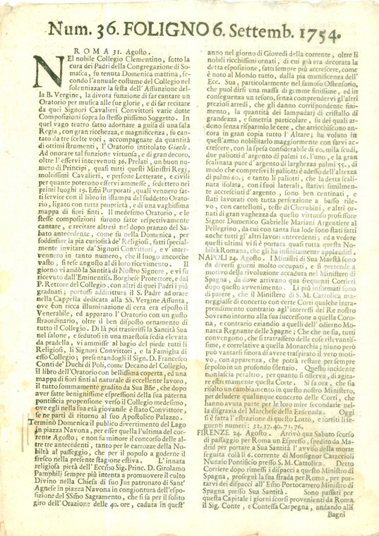 1754 GIORNALE DI FOLIGNO n. 36 Girolamo PAMPHILI arricchisce Chiesa SANT'AGNESE