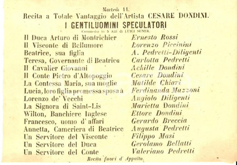 1862 FIRENZE TEATRO NICCOLINI I gentiluomini speculatori - DONDINI *Locandina