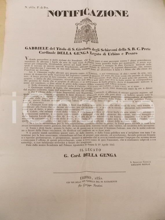 1845 STATO PONTIFICIO PESARO Denuncia per allevamento bachi da seta MANIFESTO