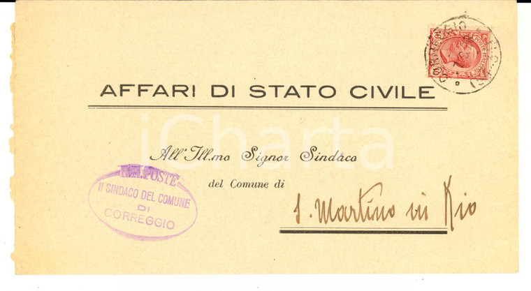1926 STORIA POSTALE CORREGGIO Fascetta AFFARI DI STATO CIVILE viaggiata 10 cent.