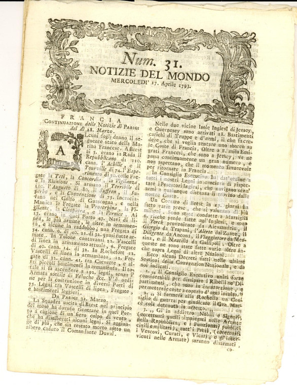 1793 NOTIZIE DEL MONDO Armamenti Marina francese *Gazzetta RIVOLUZIONE n° 31